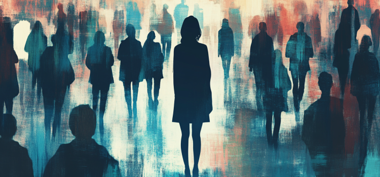 A sketch of silhouettes, with one woman standing apart from the crowd, illustrates the factors of success