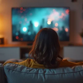 A woman, seen from behind, relaxing on the couch and watching TV illustrates how watching too much TV affects society