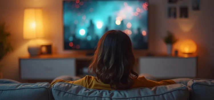Watching Too Much TV Frays Our Social Fabric (Robert Putnam) A woman, seen from behind, relaxing on the couch and watching TV illustrates how watching too much TV affects society