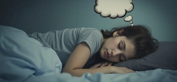 A sleeping woman with a thought bubble over her head illustrates Freud’s theory about dreams