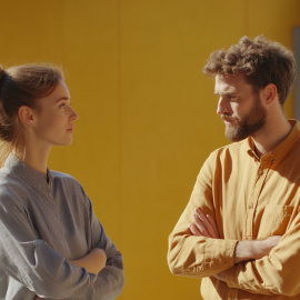 Two people suffering from the boomerang effect, crossing their arms and stubbornly refusing to change