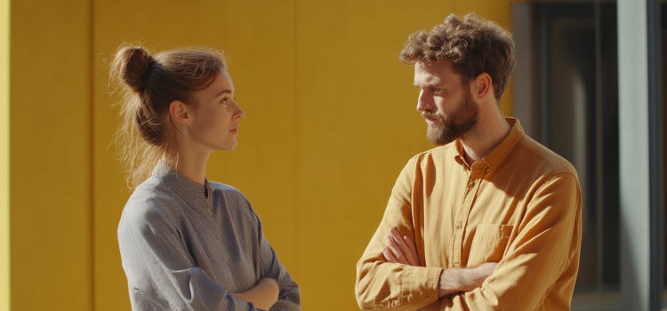 Two people suffering from the boomerang effect, crossing their arms and stubbornly refusing to change