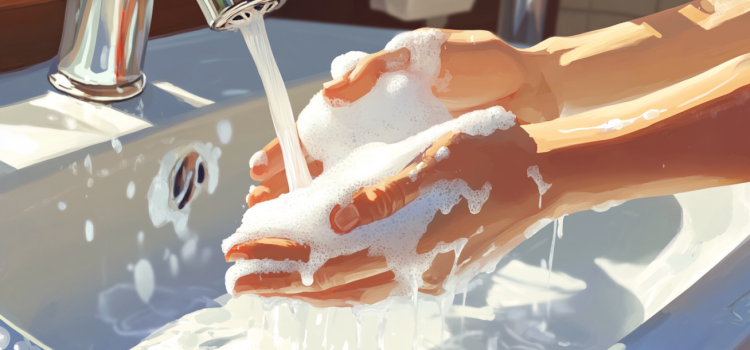 An up close graphic of hands washing with soap in a sink