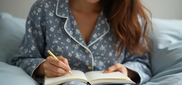 A woman wearing pajamas, sitting in bed, and writing in a journal illustrates how to interpret dreams