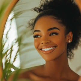 A woman who has a healthy relationship with herself, looking in the mirror