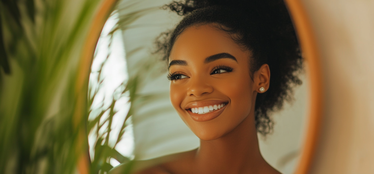 How to Have a Happy and Healthy Relationship With Yourself A woman who has a healthy relationship with herself, looking in the mirror