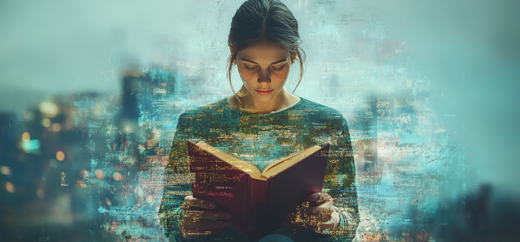 The Interpretation of Dreams by Sigmund Freud: Book Overview A woman with a ponytail reading a red book with an impressionistic cityscape in the background