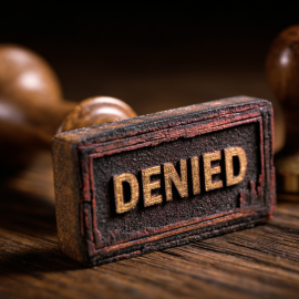 A stamp on a wooden desk that has the word "denied" on it