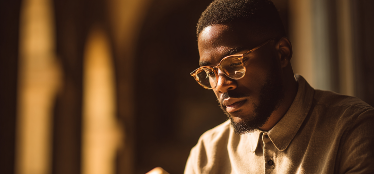 A man with glasses reading a book