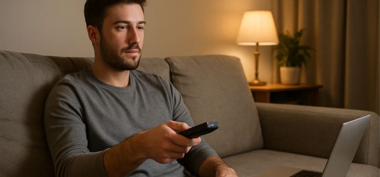 4 Common Myths About Remote Work—Debunked! A man sitting on a couch with his remote work laptop next to him while watching TV