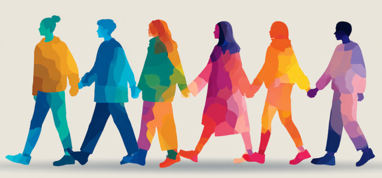 Watercolor art of a group of people in a line holding hands