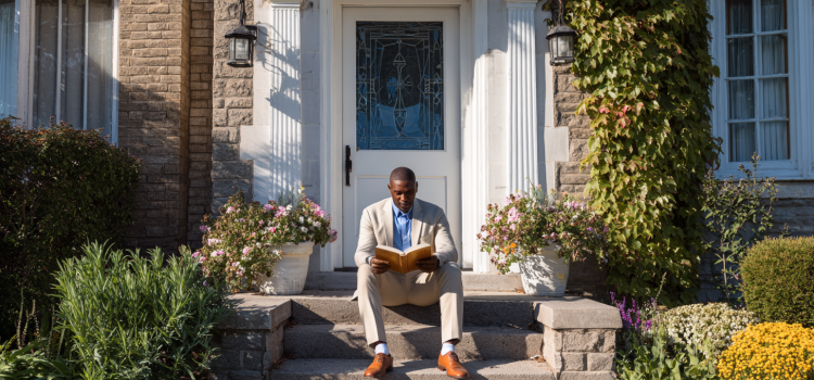 A real estate agent reading a book on the steps in front of a house