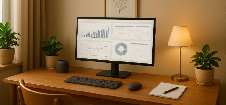 A home office of a remote worker where a computer monitor sits on a clean desk