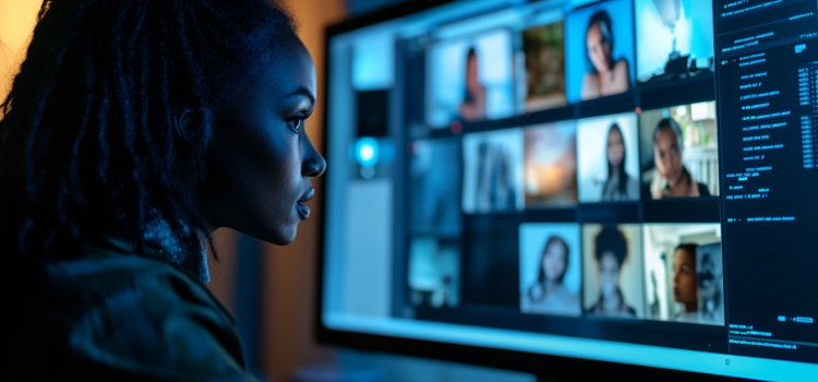 A woman on a video call with her coworkers because she has transitioned to remote work