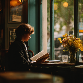 A woman with curly brown hair sitting by a window in a cafe and reading a book