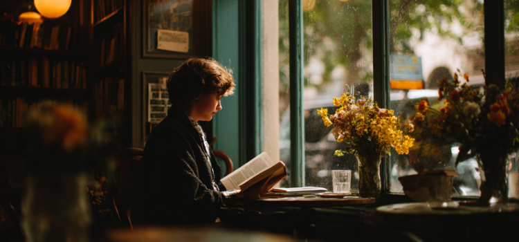 A woman with curly brown hair sitting by a window in a cafe and reading a book