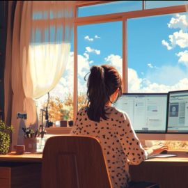 A young woman working on a computer from her home office in front of a large window
