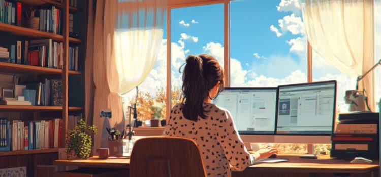 A young woman working on a computer from her home office in front of a large window