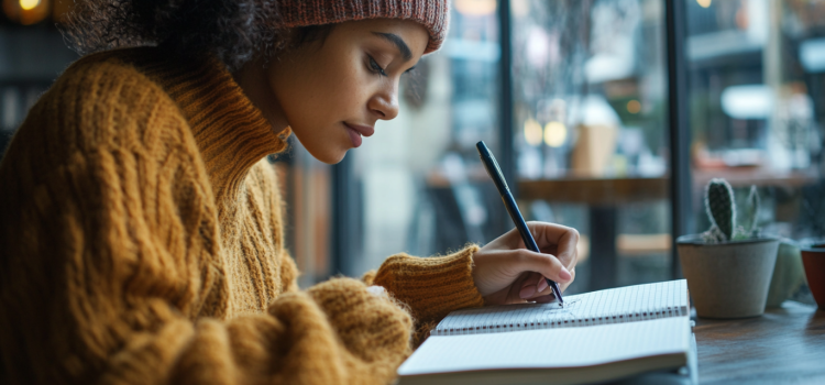 A woman learning how to write effectively in her notebook in a cafe