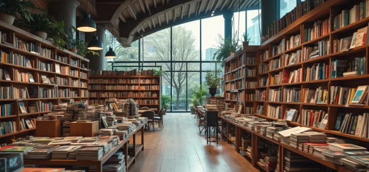 The interior of a book store with a cityscape outside the large windows