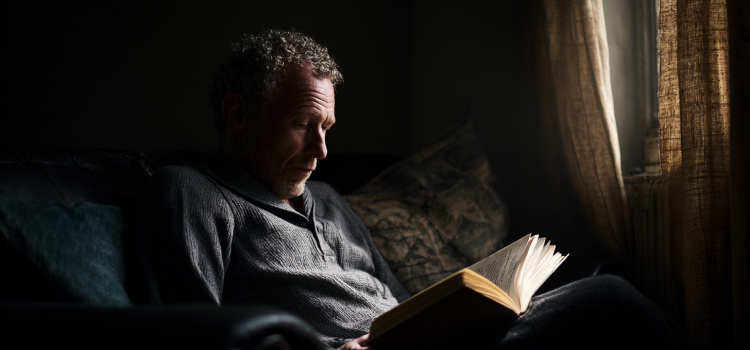 Ein Mann liest in der Dunkelheit ein Buch