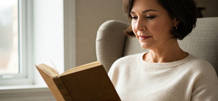 The Song of the Cell by Siddhartha Mukherjee: Book Overview Eine Frau mittleren Alters mit kurzen braunen Haaren und einem cremefarbenen Pullover liest ein Buch, während sie in einem Stuhl am Fenster sitzt