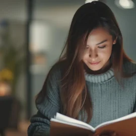 A young woman with long brown hair reading a book at night in an office with lamps in the background