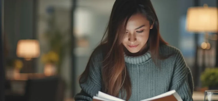 Lily Zheng’s DEI Deconstructed: Book Overview & Takeaways Una mujer joven con el pelo largo y castaño leyendo un libro por la noche en una oficina con lámparas de fondo