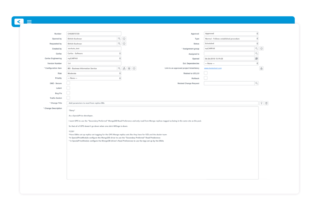 devops carfax servicenow change request