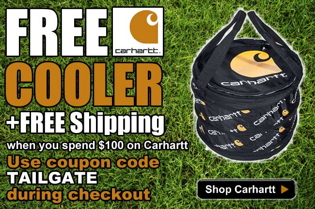 For a limited time, get a FREE Carhartt cooler and FREE shipping when you spend $100 on Carhartt!