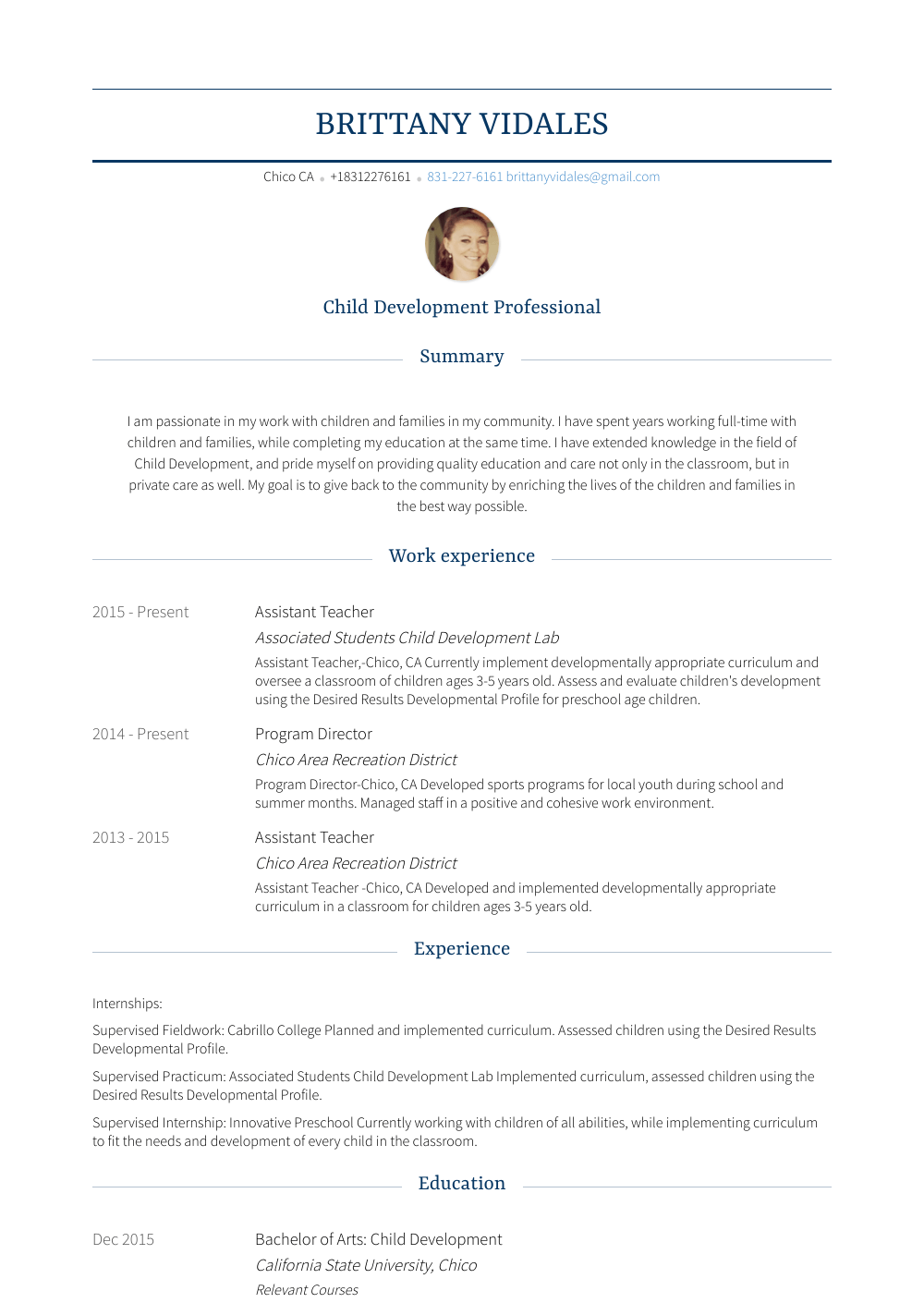 Assistant Teacher Resume Samples - Brittany Vidales 