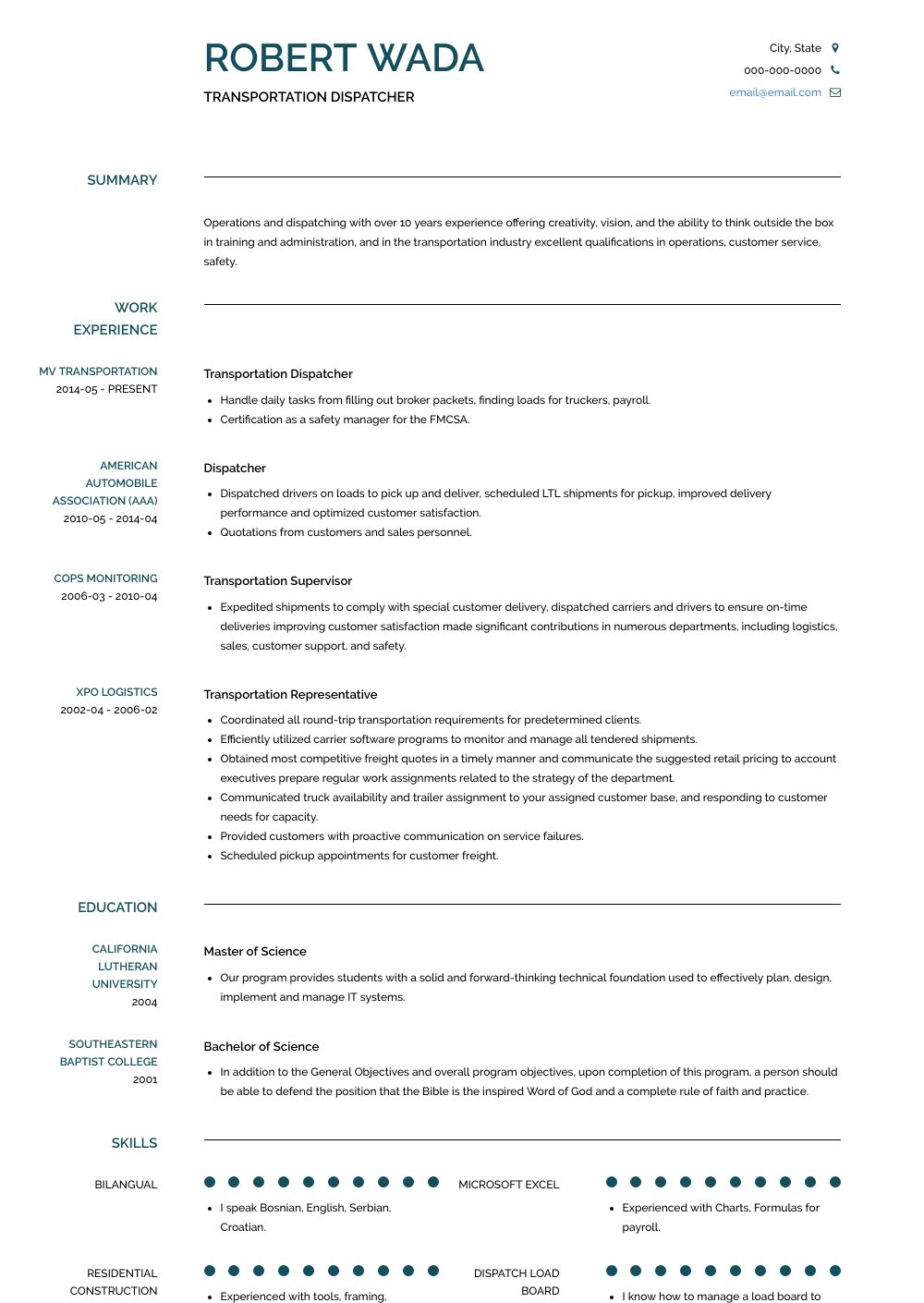 Dispatcher - Resume Samples and Templates | VisualCV