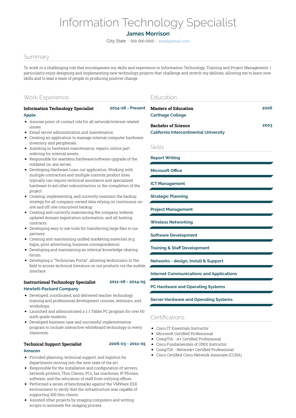 Chief Information Officer Resume - Information Technology Specialist Cv Examples Vida 