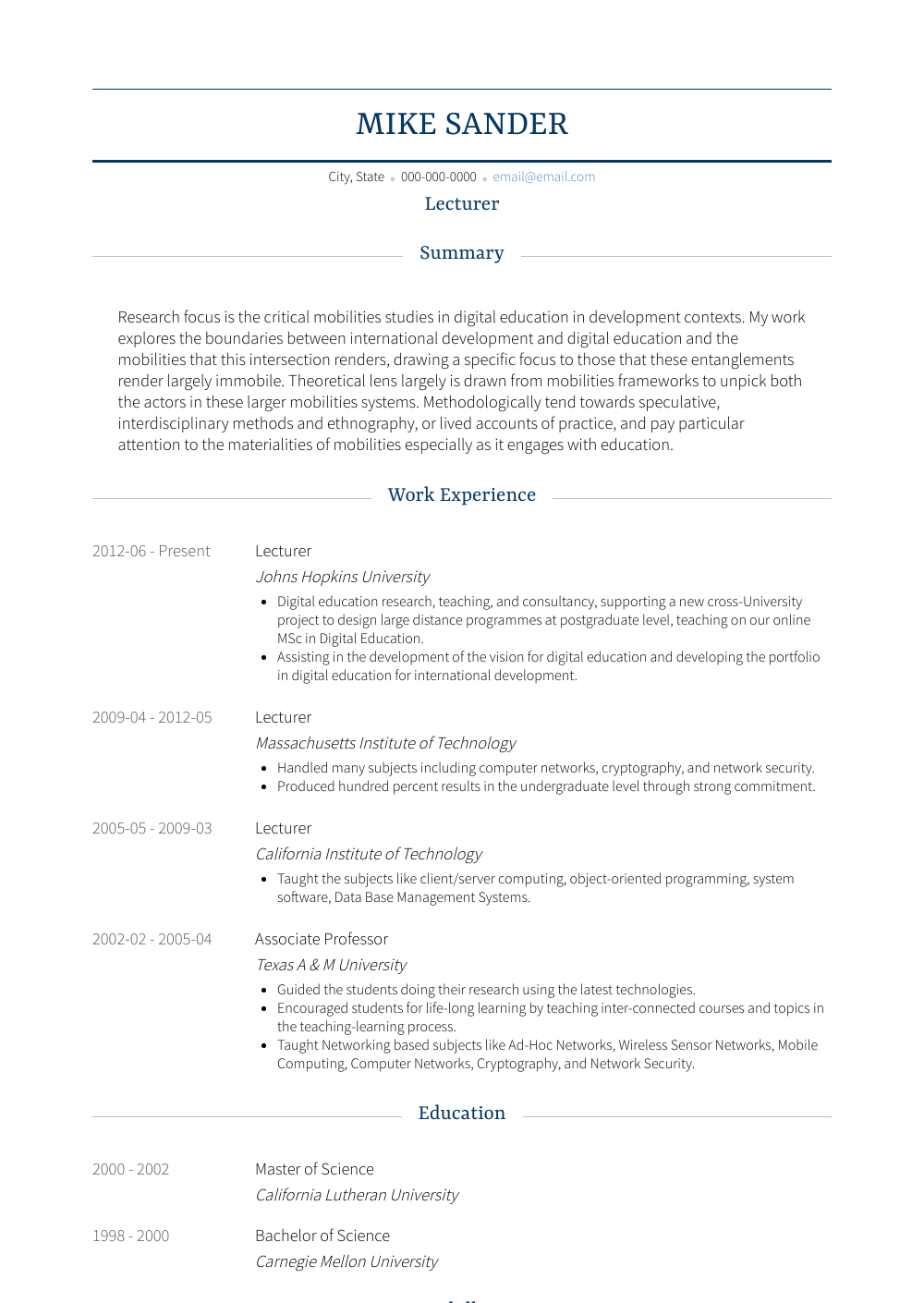 Lecturer Resume Samples And Templates VisualCV