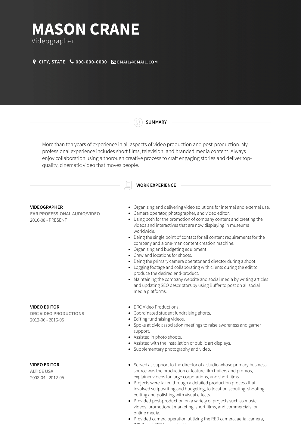 Videographer Resume Template Prntbl concejomunicipaldechinu gov co