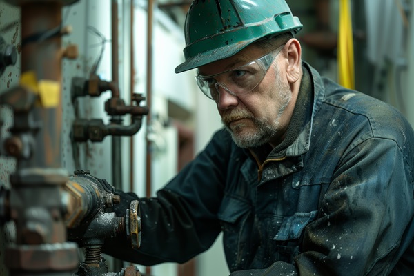 A middle-aged industrial worker is seen intensely focused on operating or repairing machinery in a factory setting.