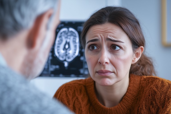 A mid-30s woman with a concerned look on her face as she speaks with a doctor about a potential brain tumor from Depo-Provera use.
