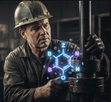 A refinery worker in a hard hat handling industrial equipment, with a glowing molecular diagram of a benzene ring overlaid in the center.