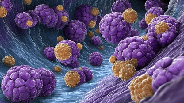 A microscopic 3D illustration of purple mesothelioma tumor cells mixed with smaller orange cells within a textured biological environment.