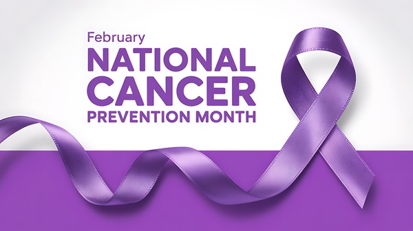 February is national cancer prevention month text laid over purple ribbon on white ground in support of disease awareness and cure research.