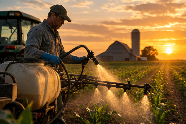 A farmer wearing a cap, glasses, and blue gloves operates a large sprayer attached to a tractor at sunset. The sprayer is emitting a fine mist of Roundup over rows of young crops in a field, with a barn and silo silhouetted against the sun in the background.