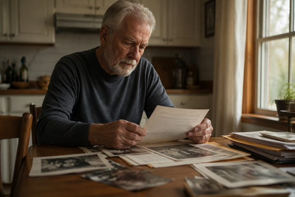 An older man sitting at a kitchen table looking through old photographs and documents, illustrating the challenge of tracing back history when one doesn't clearly remember specific asbestos exposure.