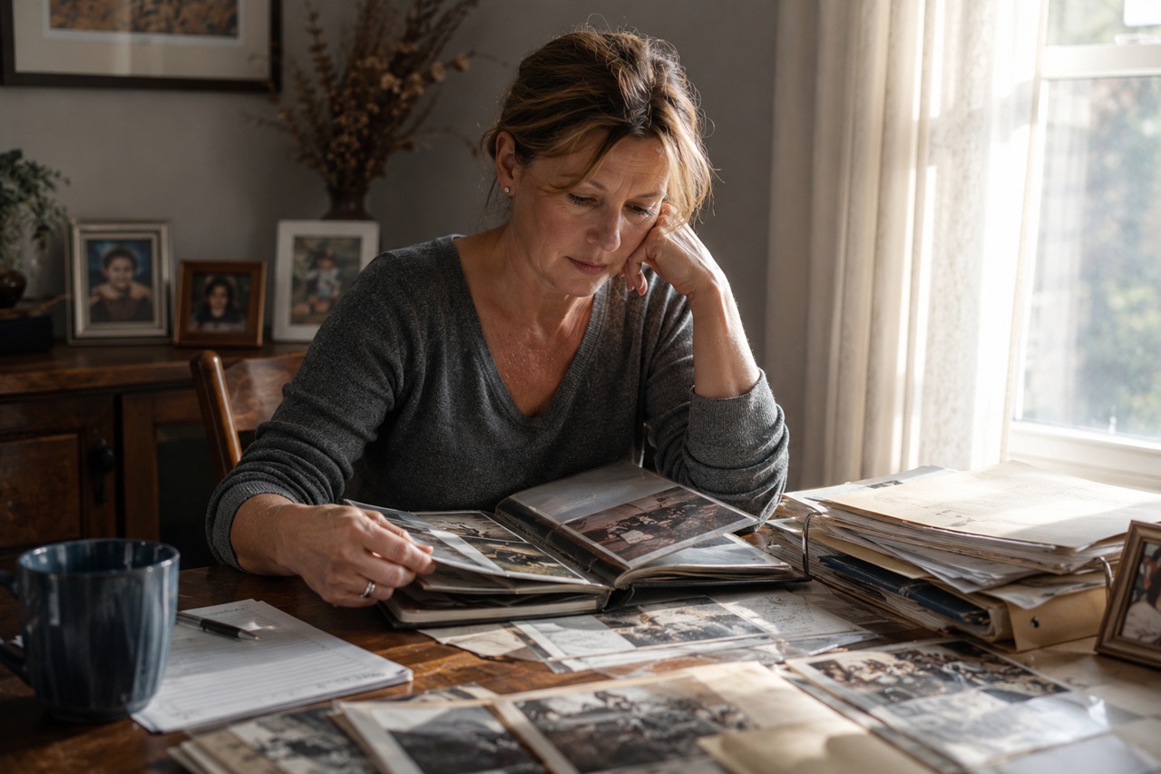 A grieving middle-aged woman sits alone at a wooden dining table by a bright window, resting her chin on her hand while sorrowfully flipping through an old photo album surrounded by loose photographs, legal documents, and folders.