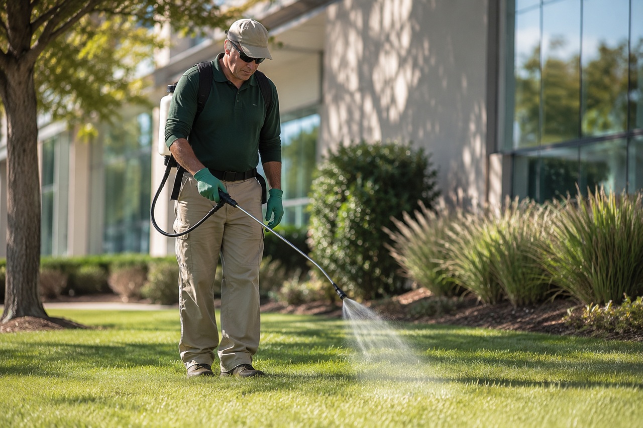 A professional landscaper wearing a cap, sunglasses, gloves, and a backpack sprayer applies liquid Roundup weed killer to a green lawn outside a commercial building, representing occupational herbicide exposure, product safety regulations, and Supreme Court rulings on Roundup non-Hodgkin's lymphoma lawsuit claims.