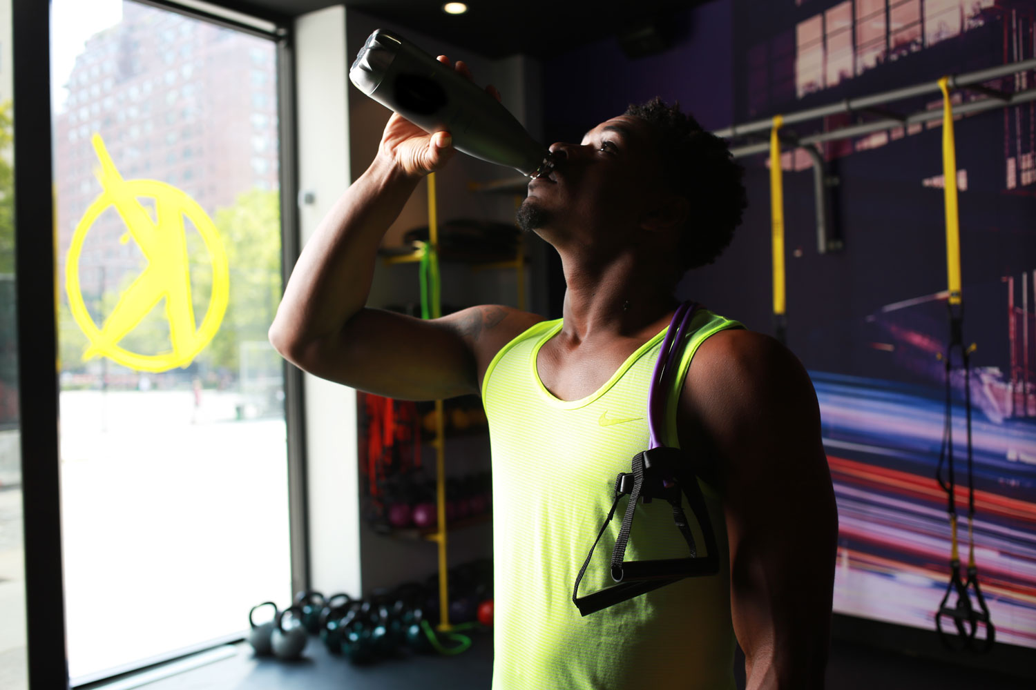 Chaz drinks water after a tough workout.