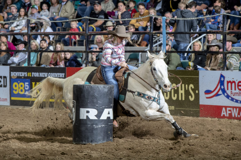 Shannon Reynolds barrel racing in Denver.