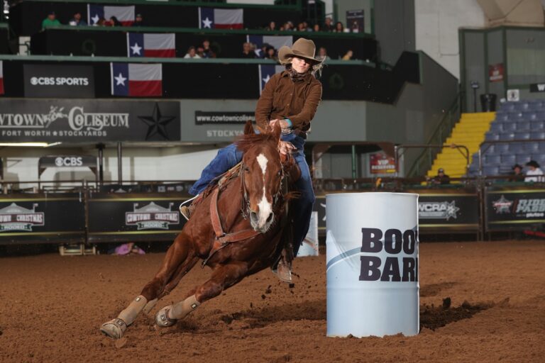 Halyn Lide and Keeper barrel racing at the WCRA in Fort Worth.