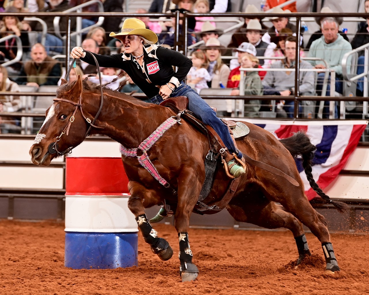 Summer Kosel barrel racing in Fort Worth.