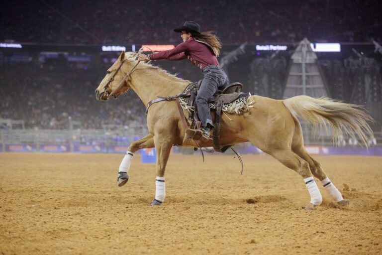Jessica Routier competes in barrel racing at RodeoHouston.