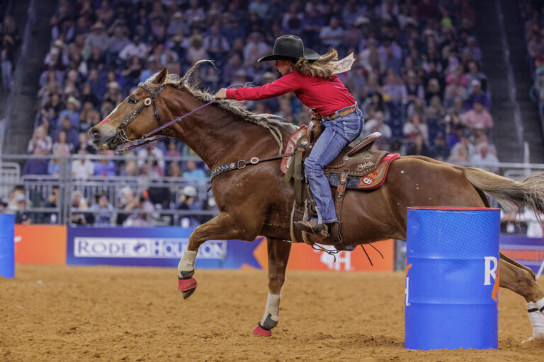 Shelley Morgan competes in barrel racing at RodeoHouston.